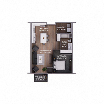 Floor plan for 1 bed, 1 bath, 715 sqft